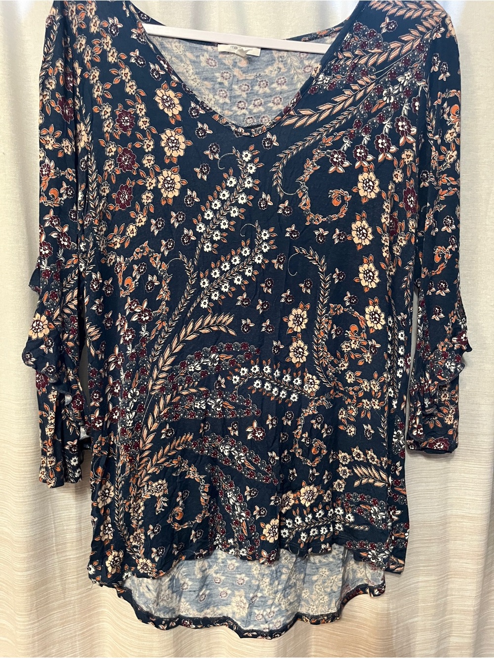 Maurices dark teal Floral V‑Neck Long Sleeve Top